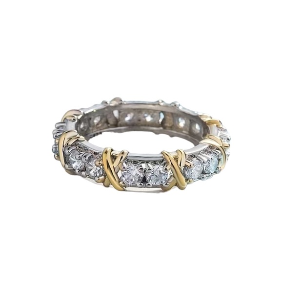 Two Tone Gold and Silver Crisscross Ring with Rhinestones - Picture 2 of 6